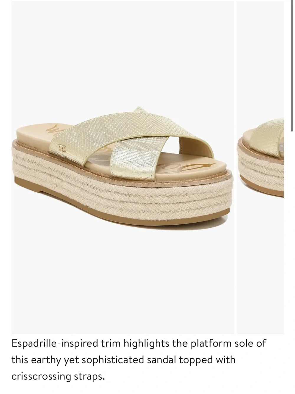 Sam Edelman Metallic Cream Crisscross Espadrille Platform Slide